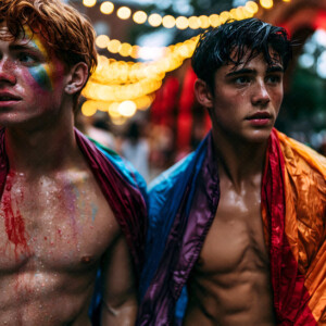 AI-generated Pride celebration art handsome men at vibrant LGBTQ+ Pride parades, embellished with rainbow colors, walking with pride, and celebrating love. By Jeff Dupler.