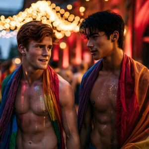 AI-generated Pride celebration art handsome men at vibrant LGBTQ+ Pride parades, embellished with rainbow colors, walking with pride, and celebrating love. By Jeff Dupler.