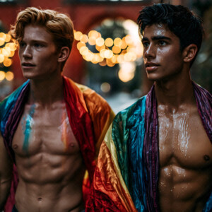 AI-generated Pride celebration art handsome men at vibrant LGBTQ+ Pride parades, embellished with rainbow colors, walking with pride, and celebrating love. By Jeff Dupler.