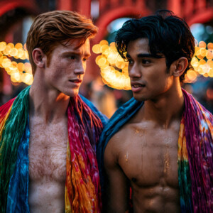 AI-generated Pride celebration art handsome men at vibrant LGBTQ+ Pride parades, embellished with rainbow colors, walking with pride, and celebrating love. By Jeff Dupler.