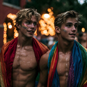 AI-generated Pride celebration art handsome men at vibrant LGBTQ+ Pride parades, embellished with rainbow colors, walking with pride, and celebrating love. By Jeff Dupler.