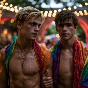 AI-generated Pride celebration art handsome men at vibrant LGBTQ+ Pride parades, embellished with rainbow colors, walking with pride, and celebrating love. By Jeff Dupler.