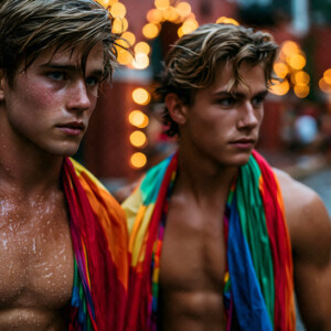 AI-generated Pride celebration art handsome men at vibrant LGBTQ+ Pride parades, embellished with rainbow colors, walking with pride, and celebrating love. By Jeff Dupler.