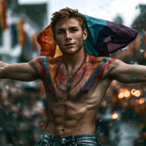 AI-generated Pride celebration art handsome men at vibrant LGBTQ+ Pride parades, embellished with rainbow colors, walking with pride, and celebrating love. By Jeff Dupler.