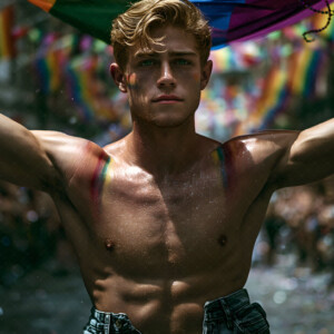 AI-generated Pride celebration art handsome men at vibrant LGBTQ+ Pride parades, embellished with rainbow colors, walking with pride, and celebrating love. By Jeff Dupler.
