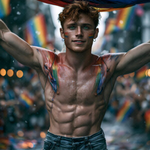 AI-generated Pride celebration art handsome men at vibrant LGBTQ+ Pride parades, embellished with rainbow colors, walking with pride, and celebrating love. By Jeff Dupler.