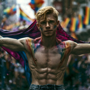 AI-generated Pride celebration art handsome men at vibrant LGBTQ+ Pride parades, embellished with rainbow colors, walking with pride, and celebrating love. By Jeff Dupler.