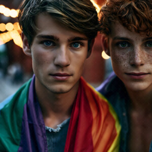 AI-generated Pride celebration art handsome men at vibrant LGBTQ+ Pride parades, embellished with rainbow colors, walking with pride, and celebrating love. By Jeff Dupler.
