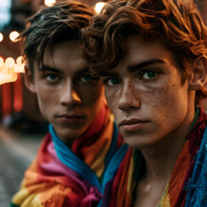 AI-generated Pride celebration art handsome men at vibrant LGBTQ+ Pride parades, embellished with rainbow colors, walking with pride, and celebrating love. By Jeff Dupler.
