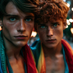 AI-generated Pride celebration art handsome men at vibrant LGBTQ+ Pride parades, embellished with rainbow colors, walking with pride, and celebrating love. By Jeff Dupler.
