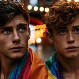 AI-generated Pride celebration art handsome men at vibrant LGBTQ+ Pride parades, embellished with rainbow colors, walking with pride, and celebrating love. By Jeff Dupler.