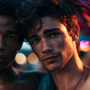 AI-generated Pride celebration art handsome men at vibrant LGBTQ+ Pride parades, embellished with rainbow colors, walking with pride, and celebrating love. By Jeff Dupler.