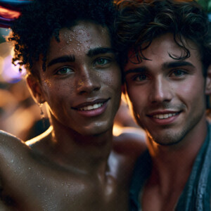 AI-generated Pride celebration art handsome men at vibrant LGBTQ+ Pride parades, embellished with rainbow colors, walking with pride, and celebrating love. By Jeff Dupler.