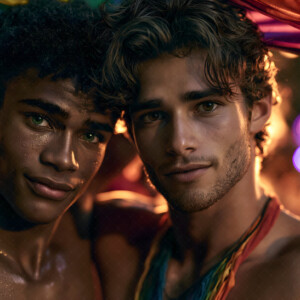 AI-generated Pride celebration art handsome men at vibrant LGBTQ+ Pride parades, embellished with rainbow colors, walking with pride, and celebrating love. By Jeff Dupler.
