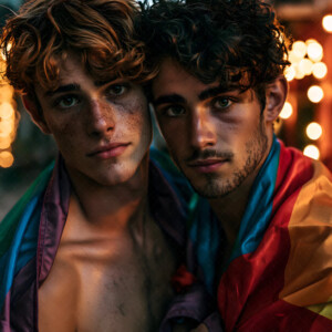 AI-generated Pride celebration art handsome men at vibrant LGBTQ+ Pride parades, embellished with rainbow colors, walking with pride, and celebrating love. By Jeff Dupler.