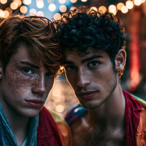 AI-generated Pride celebration art handsome men at vibrant LGBTQ+ Pride parades, embellished with rainbow colors, walking with pride, and celebrating love. By Jeff Dupler.