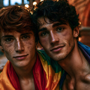 AI-generated Pride celebration art handsome men at vibrant LGBTQ+ Pride parades, embellished with rainbow colors, walking with pride, and celebrating love. By Jeff Dupler.