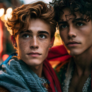 AI-generated Pride celebration art handsome men at vibrant LGBTQ+ Pride parades, embellished with rainbow colors, walking with pride, and celebrating love. By Jeff Dupler.