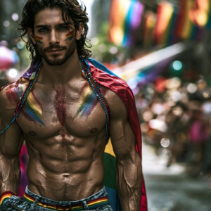 AI-generated Pride celebration art handsome men at vibrant LGBTQ+ Pride parades, embellished with rainbow colors, walking with pride, and celebrating love. By Jeff Dupler.
