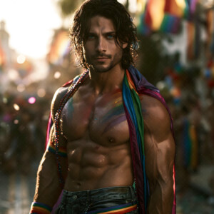 AI-generated Pride celebration art handsome men at vibrant LGBTQ+ Pride parades, embellished with rainbow colors, walking with pride, and celebrating love. By Jeff Dupler.