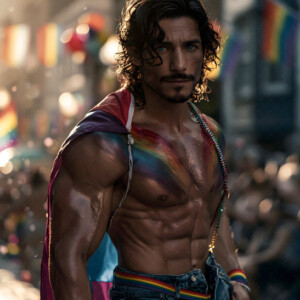 AI-generated Pride celebration art handsome men at vibrant LGBTQ+ Pride parades, embellished with rainbow colors, walking with pride, and celebrating love. By Jeff Dupler.
