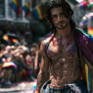 AI-generated Pride celebration art handsome men at vibrant LGBTQ+ Pride parades, embellished with rainbow colors, walking with pride, and celebrating love. By Jeff Dupler.