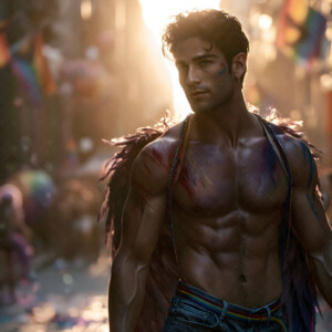 AI-generated Pride celebration art handsome men at vibrant LGBTQ+ Pride parades, embellished with rainbow colors, walking with pride, and celebrating love. By Jeff Dupler.