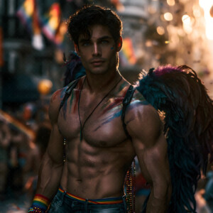 AI-generated Pride celebration art handsome men at vibrant LGBTQ+ Pride parades, embellished with rainbow colors, walking with pride, and celebrating love. By Jeff Dupler.
