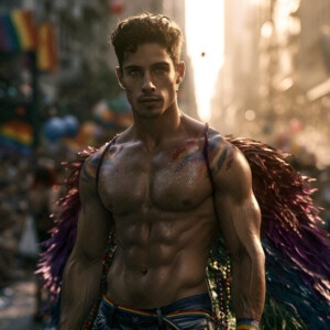 AI-generated Pride celebration art handsome men at vibrant LGBTQ+ Pride parades, embellished with rainbow colors, walking with pride, and celebrating love. By Jeff Dupler.