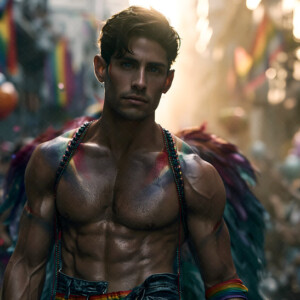 AI-generated Pride celebration art handsome men at vibrant LGBTQ+ Pride parades, embellished with rainbow colors, walking with pride, and celebrating love. By Jeff Dupler.