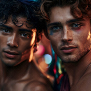AI-generated Pride celebration art handsome men at vibrant LGBTQ+ Pride parades, embellished with rainbow colors, walking with pride, and celebrating love. By Jeff Dupler.