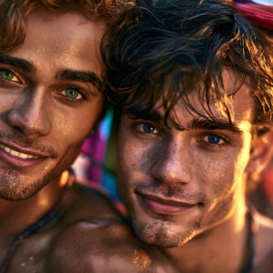 AI-generated Pride celebration art — handsome men at vibrant LGBTQ+ Pride parades, embellished with rainbow colors, walking with pride, and celebrating love. By Jeff Dupler.