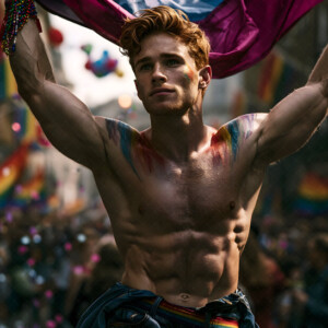 AI-generated Pride celebration art handsome men at vibrant LGBTQ+ Pride parades, embellished with rainbow colors, walking with pride, and celebrating love. By Jeff Dupler.