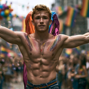 AI-generated Pride celebration art handsome men at vibrant LGBTQ+ Pride parades, embellished with rainbow colors, walking with pride, and celebrating love. By Jeff Dupler.
