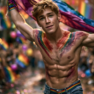AI-generated Pride celebration art handsome men at vibrant LGBTQ+ Pride parades, embellished with rainbow colors, walking with pride, and celebrating love. By Jeff Dupler.