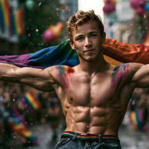 AI-generated Pride celebration art handsome men at vibrant LGBTQ+ Pride parades, embellished with rainbow colors, walking with pride, and celebrating love. By Jeff Dupler.