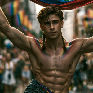 AI-generated Pride celebration art handsome men at vibrant LGBTQ+ Pride parades, embellished with rainbow colors, walking with pride, and celebrating love. By Jeff Dupler.