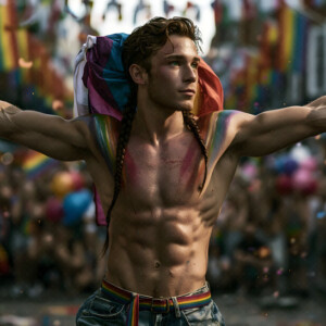 AI-generated Pride celebration art handsome men at vibrant LGBTQ+ Pride parades, embellished with rainbow colors, walking with pride, and celebrating love. By Jeff Dupler.