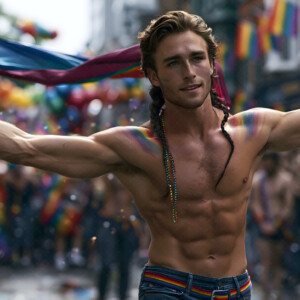 AI-generated Pride celebration art handsome men at vibrant LGBTQ+ Pride parades, embellished with rainbow colors, walking with pride, and celebrating love. By Jeff Dupler.