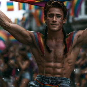 AI-generated Pride celebration art handsome men at vibrant LGBTQ+ Pride parades, embellished with rainbow colors, walking with pride, and celebrating love. By Jeff Dupler.