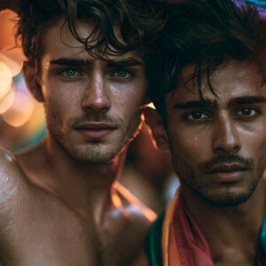 AI-generated Pride celebration art handsome men at vibrant LGBTQ+ Pride parades, embellished with rainbow colors, walking with pride, and celebrating love. By Jeff Dupler.