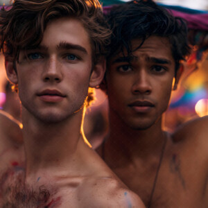 AI-generated Pride celebration art handsome men at vibrant LGBTQ+ Pride parades, embellished with rainbow colors, walking with pride, and celebrating love. By Jeff Dupler.
