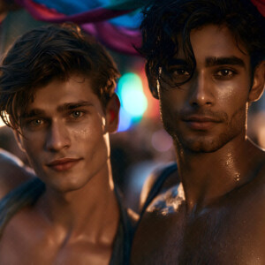 AI-generated Pride celebration art handsome men at vibrant LGBTQ+ Pride parades, embellished with rainbow colors, walking with pride, and celebrating love. By Jeff Dupler.