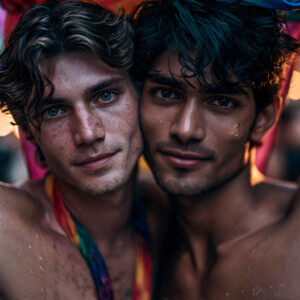 AI-generated Pride celebration art handsome men at vibrant LGBTQ+ Pride parades, embellished with rainbow colors, walking with pride, and celebrating love. By Jeff Dupler.