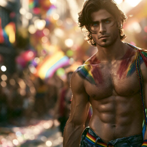 AI-generated Pride celebration art handsome men at vibrant LGBTQ+ Pride parades, embellished with rainbow colors, walking with pride, and celebrating love. By Jeff Dupler.