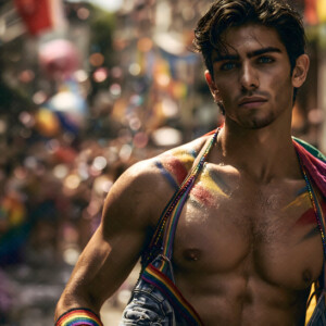 AI-generated Pride celebration art handsome men at vibrant LGBTQ+ Pride parades, embellished with rainbow colors, walking with pride, and celebrating love. By Jeff Dupler.