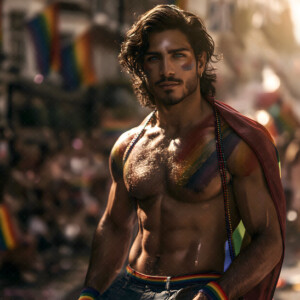 AI-generated Pride celebration art handsome men at vibrant LGBTQ+ Pride parades, embellished with rainbow colors, walking with pride, and celebrating love. By Jeff Dupler.