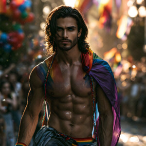 AI-generated Pride celebration art handsome men at vibrant LGBTQ+ Pride parades, embellished with rainbow colors, walking with pride, and celebrating love. By Jeff Dupler.