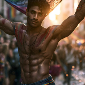AI-generated Pride celebration art handsome men at vibrant LGBTQ+ Pride parades, embellished with rainbow colors, walking with pride, and celebrating love. By Jeff Dupler.