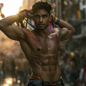 AI-generated Pride celebration art handsome men at vibrant LGBTQ+ Pride parades, embellished with rainbow colors, walking with pride, and celebrating love. By Jeff Dupler.